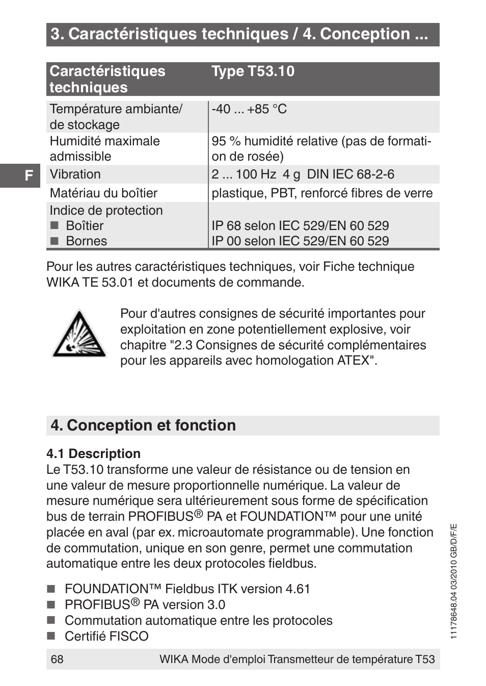 Caractéristiques techniques / 4. conception, Conception et fonction, Caractéristiques techniques type t53.10 | WIKA T53 User Manual | Page 68 / 100