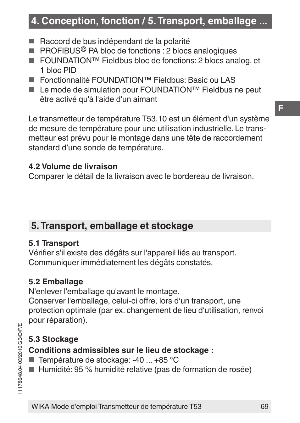 Conception, fonction / 5. transport, emballage, Transport, emballage et stockage | WIKA T53 User Manual | Page 69 / 100