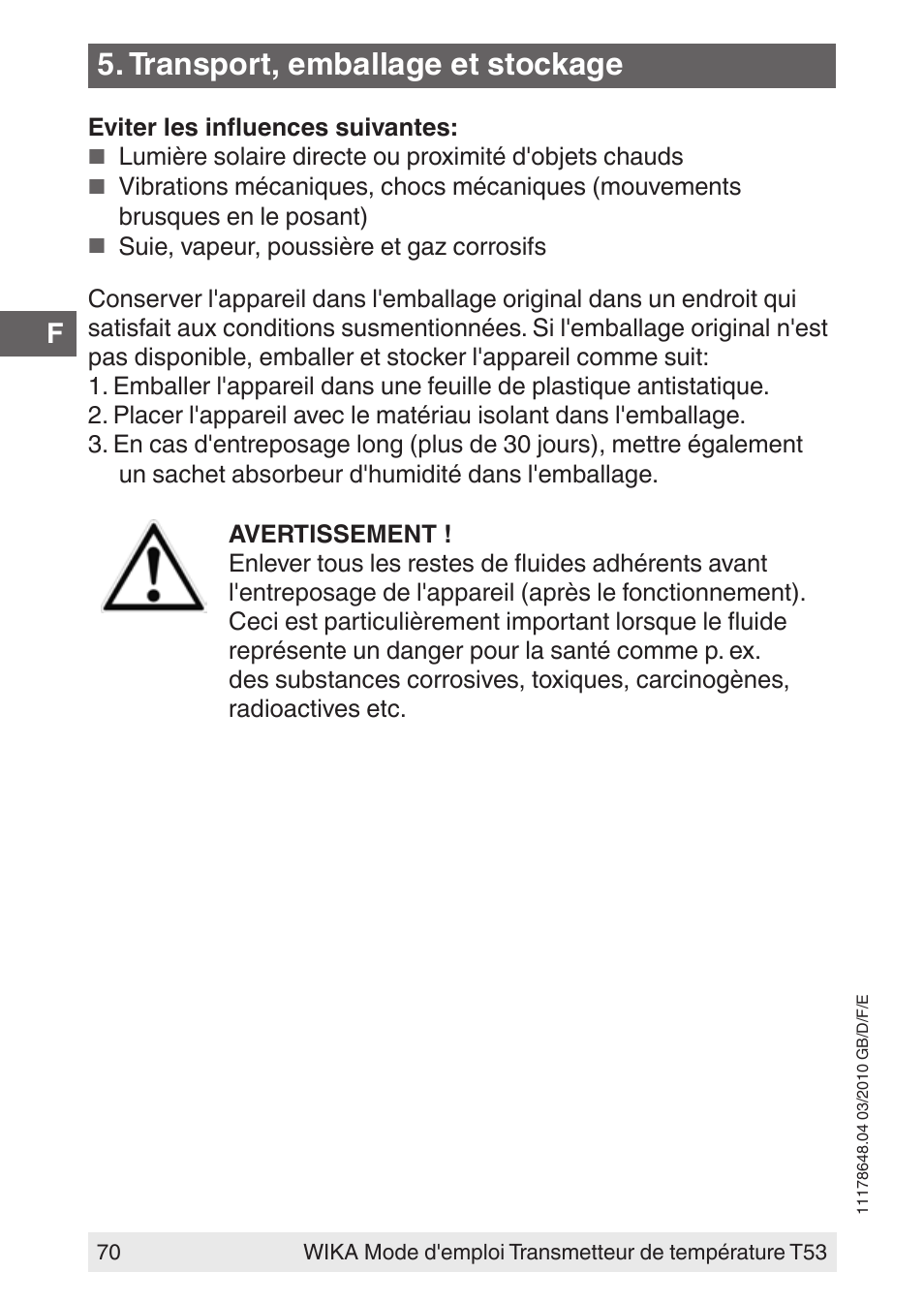 Transport, emballage et stockage | WIKA T53 User Manual | Page 70 / 100