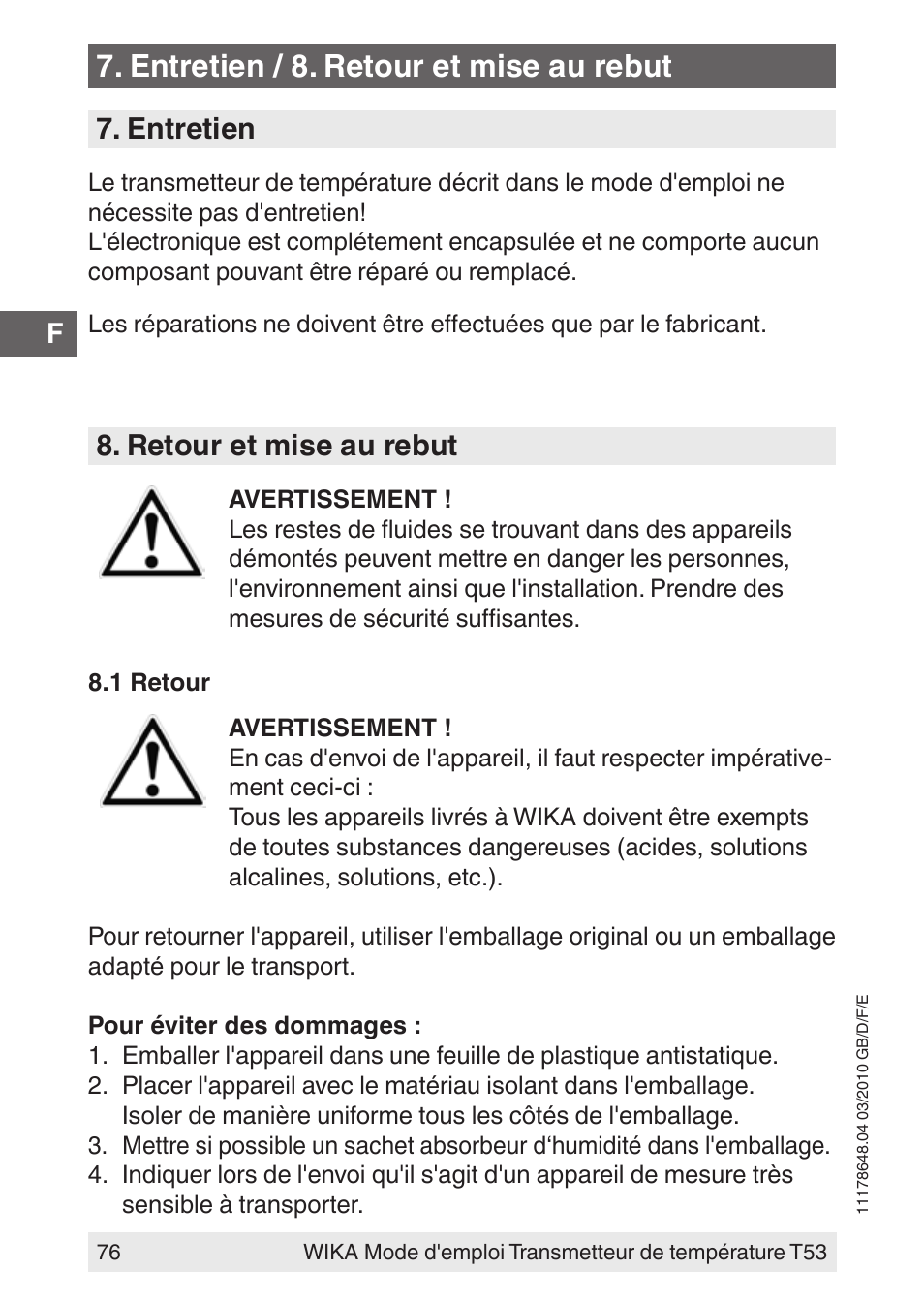 Entretien / 8. retour et mise au rebut, Entretien, Retour et mise au rebut | WIKA T53 User Manual | Page 76 / 100