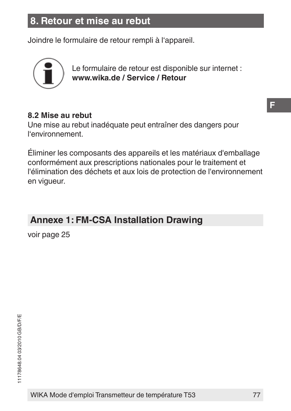 Retour et mise au rebut, Annexe 1: fm-csa installation drawing | WIKA T53 User Manual | Page 77 / 100