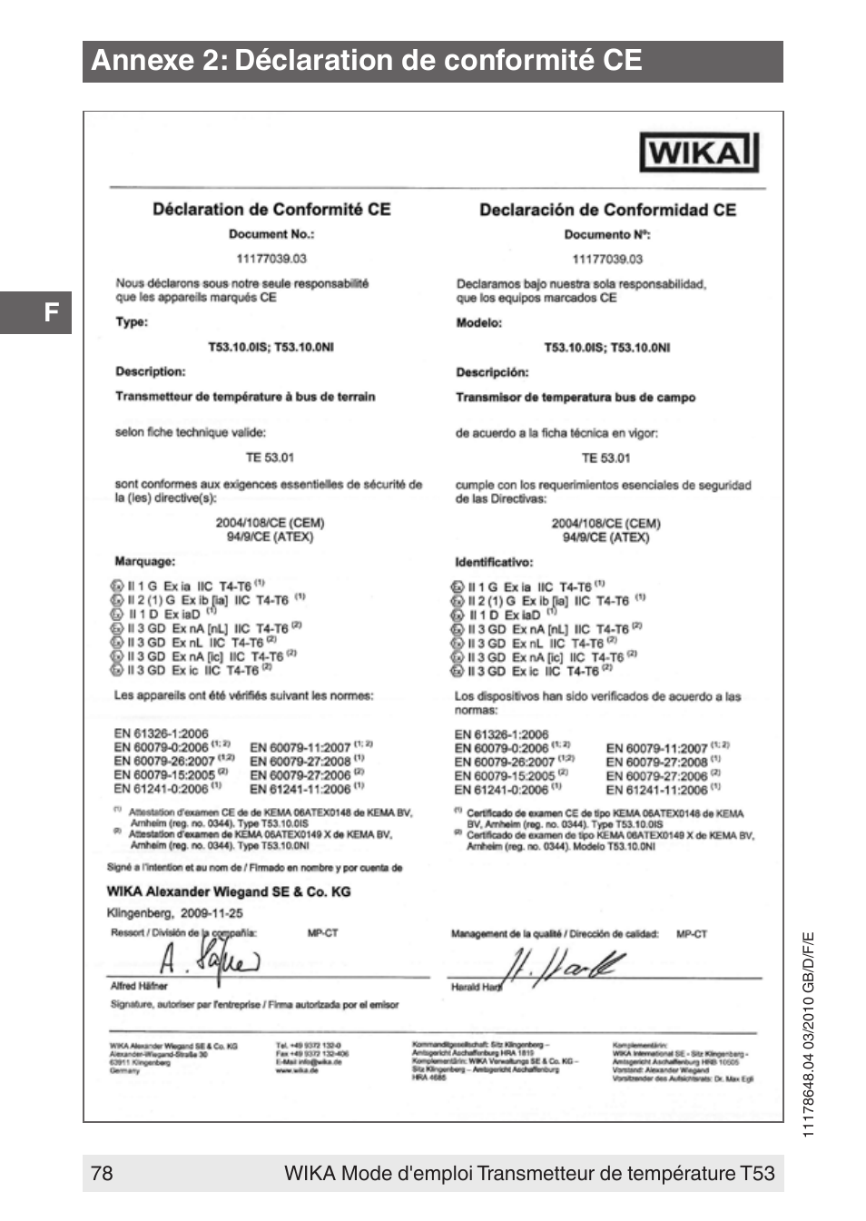 Annexe 2: déclaration de conformité ce | WIKA T53 User Manual | Page 78 / 100