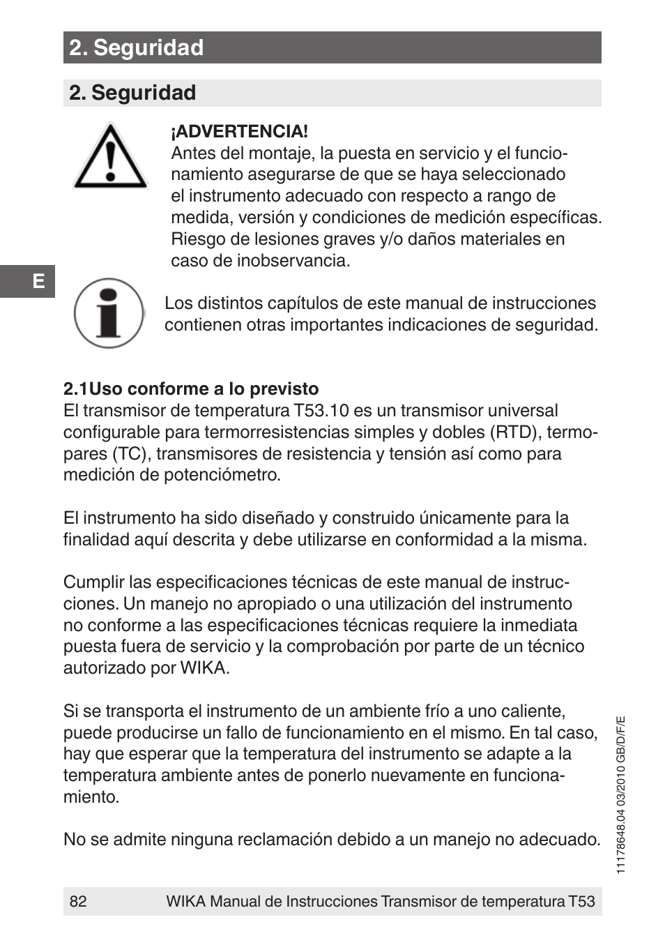 Seguridad | WIKA T53 User Manual | Page 82 / 100