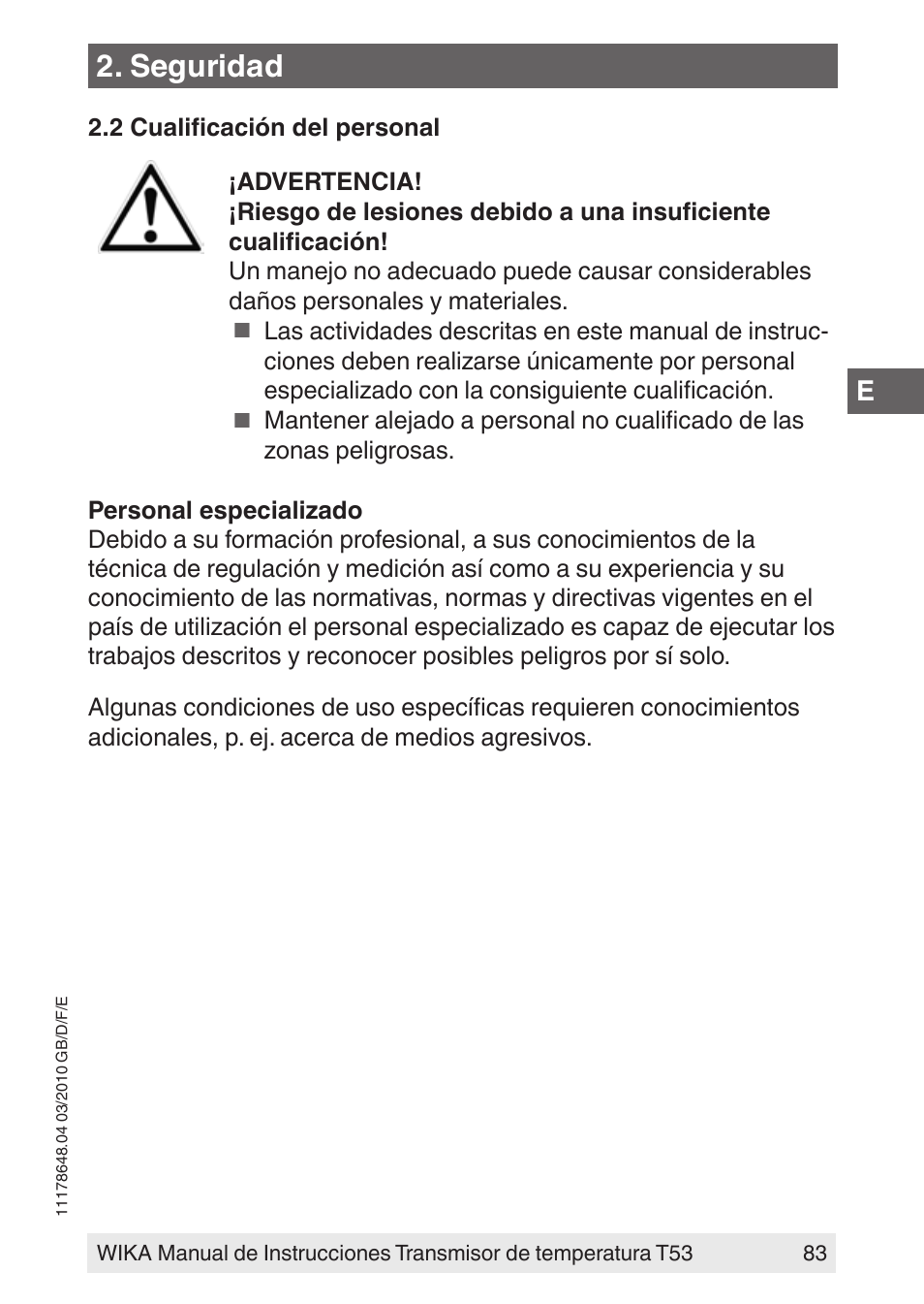 Seguridad | WIKA T53 User Manual | Page 83 / 100