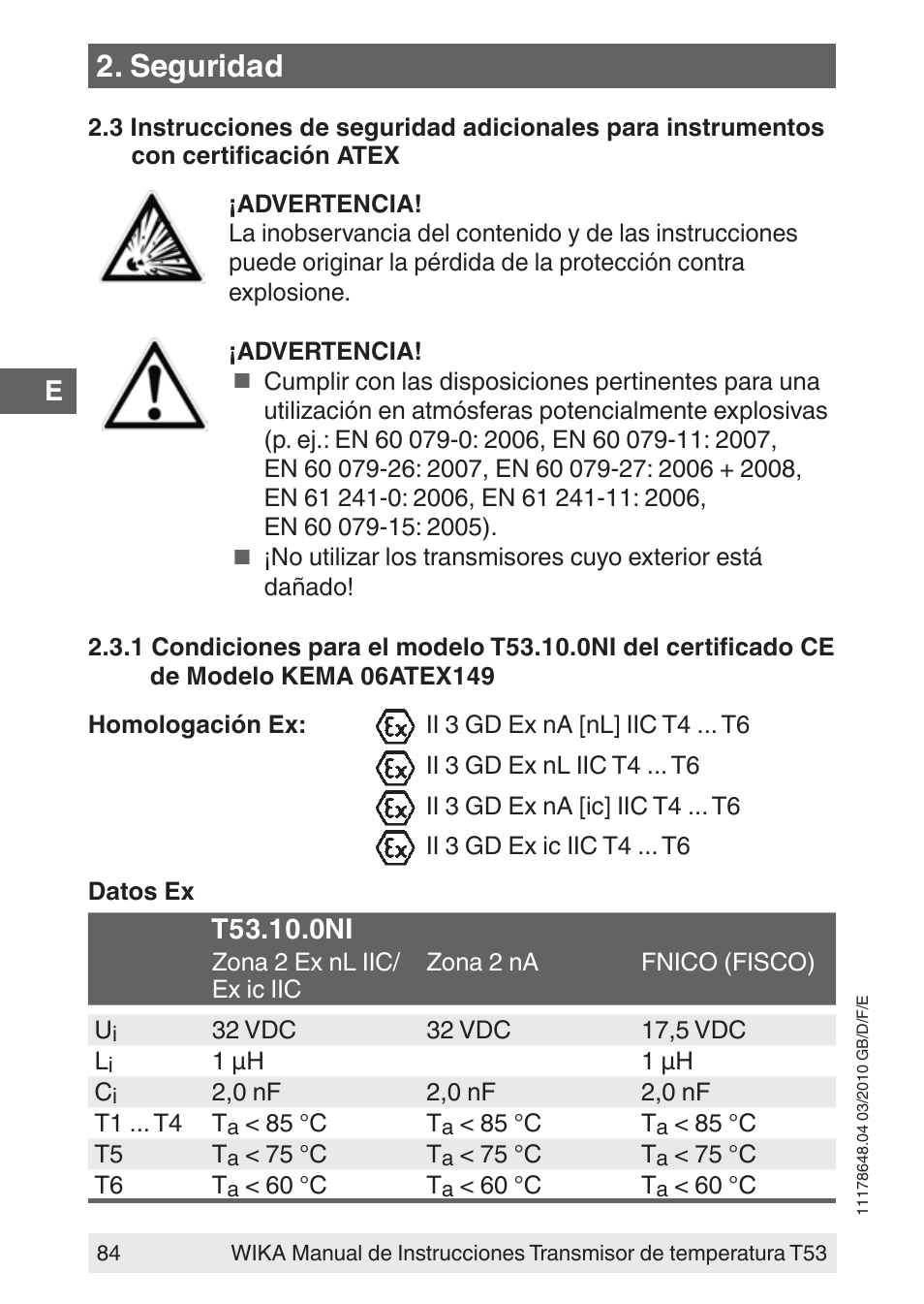 Seguridad | WIKA T53 User Manual | Page 84 / 100