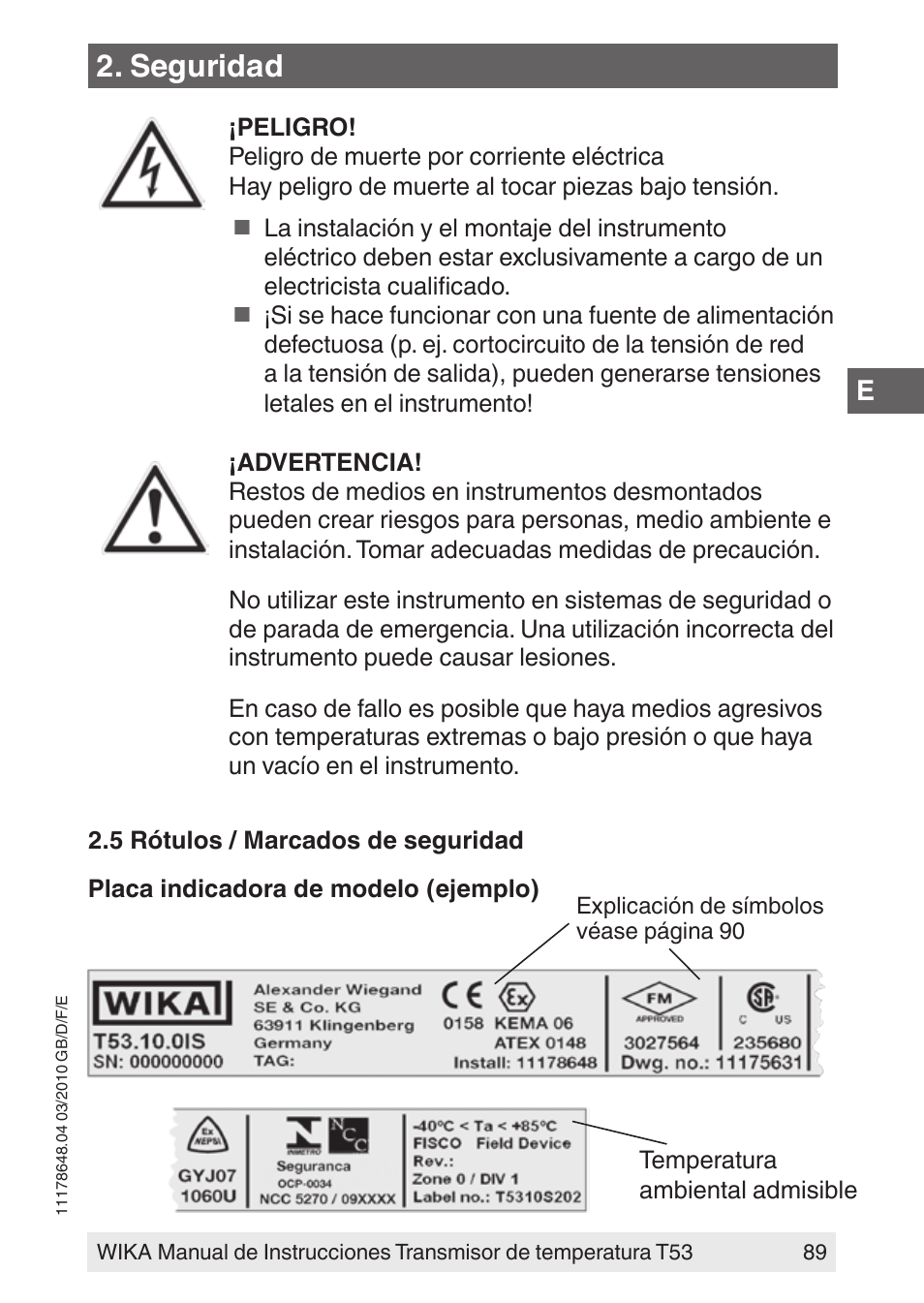 Seguridad | WIKA T53 User Manual | Page 89 / 100