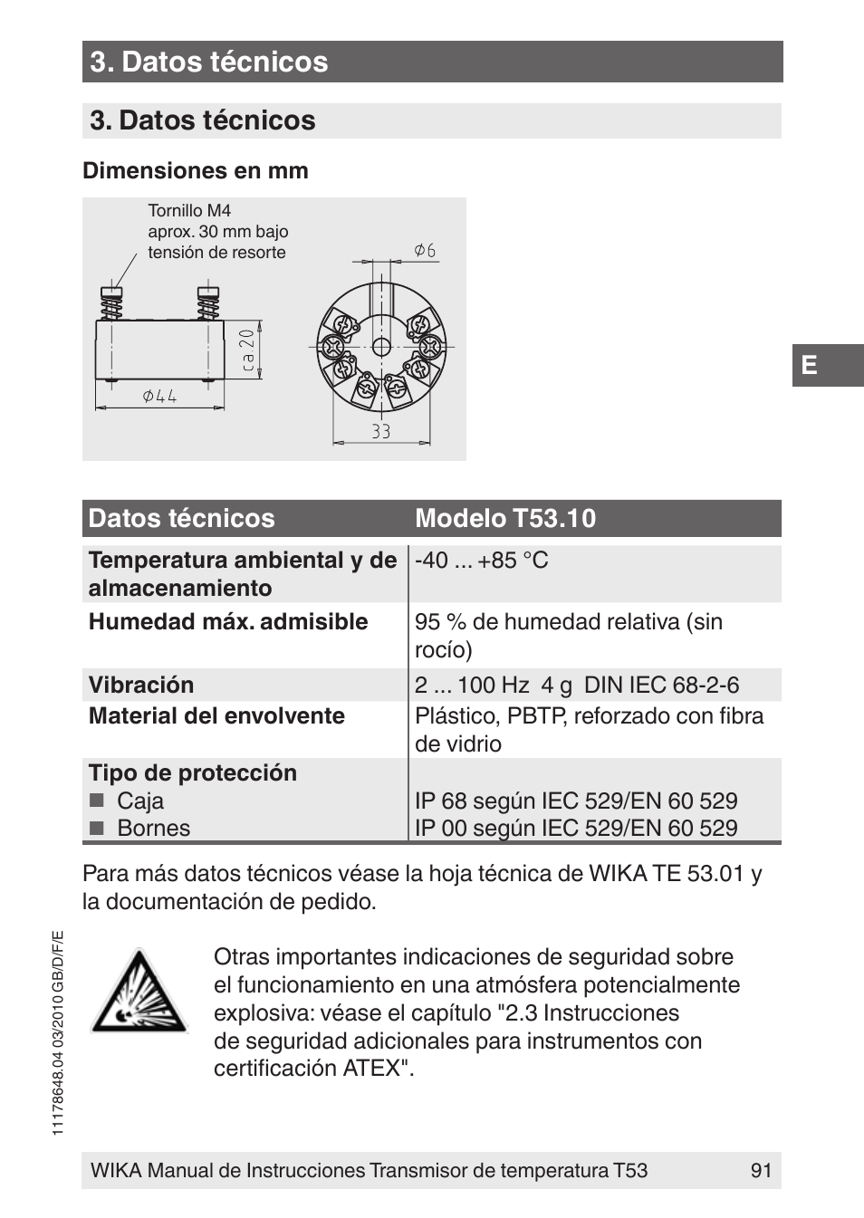 Datos técnicos, Datos técnicos modelo t53.10 | WIKA T53 User Manual | Page 91 / 100