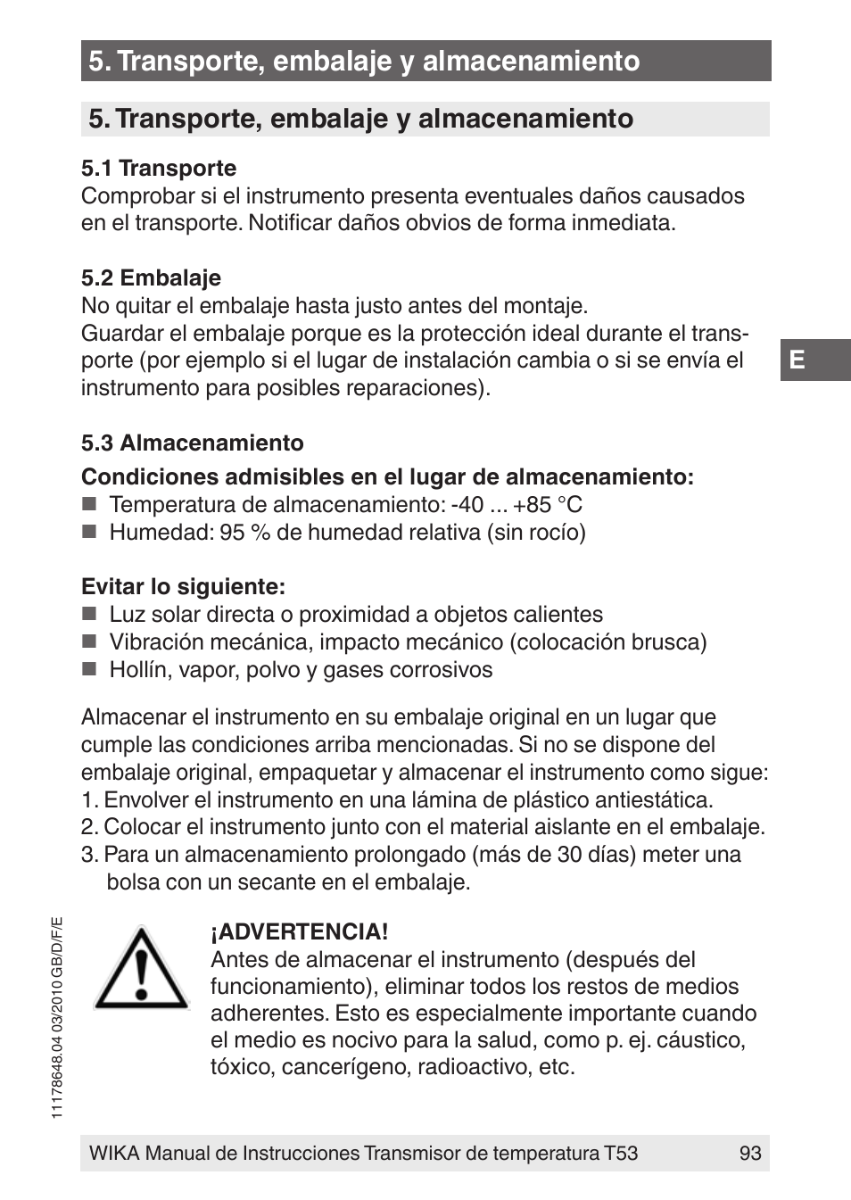 Transporte, embalaje y almacenamiento | WIKA T53 User Manual | Page 93 / 100