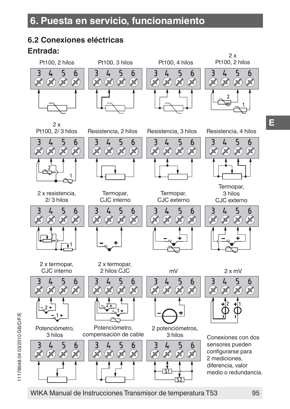 Puesta en servicio, funcionamiento, Entrada, 2 conexiones eléctricas | WIKA T53 User Manual | Page 95 / 100