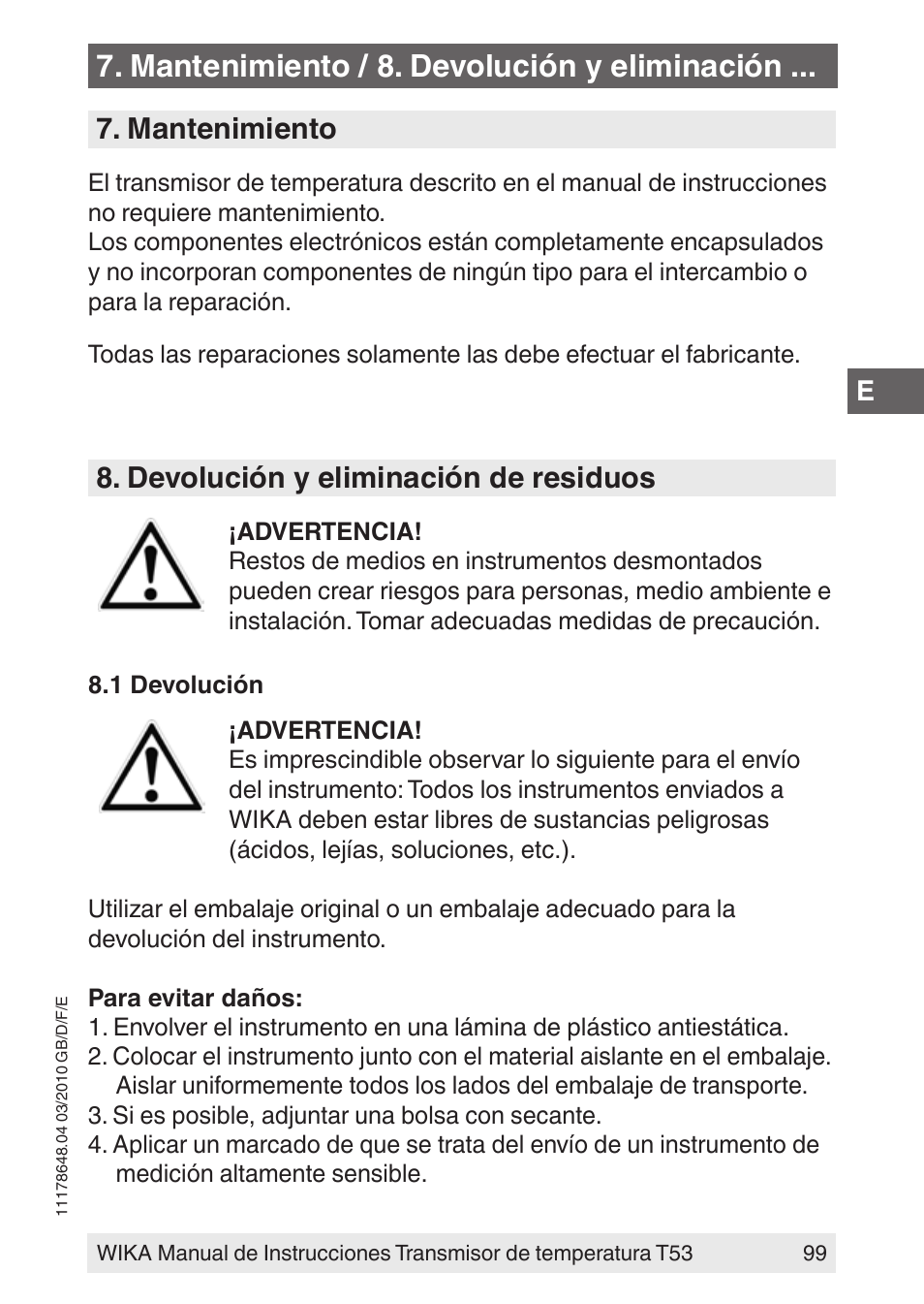 Mantenimiento / 8. devolución y eliminación, Mantenimiento, Devolución y eliminación de residuos | WIKA T53 User Manual | Page 99 / 100