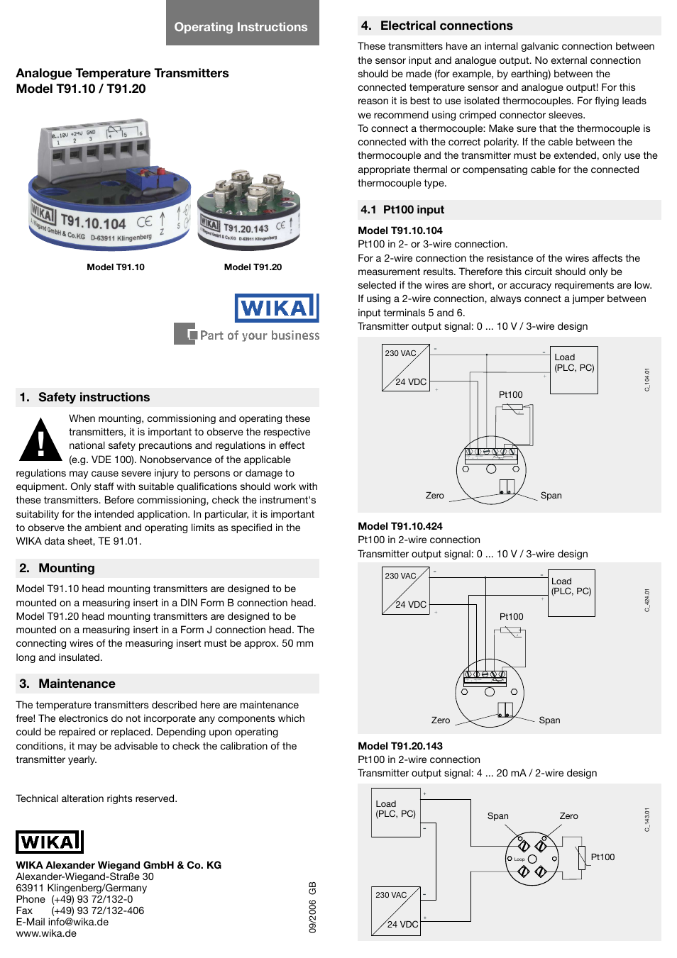 WIKA T91.20 User Manual | 2 pages