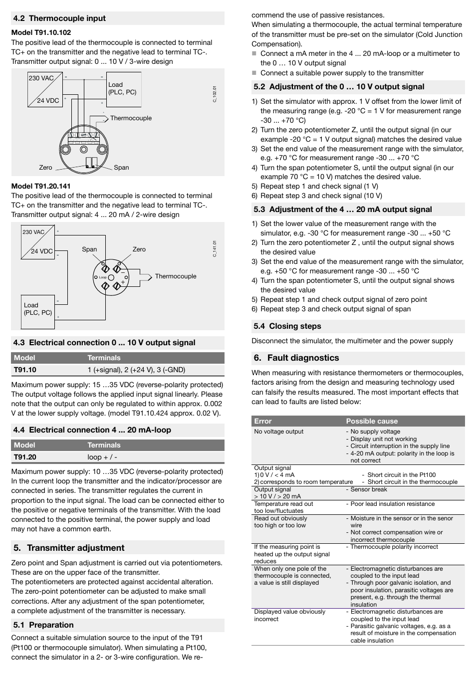 Transmitter adjustment, Fault diagnostics, 3 electrical connection 0 v output signal | 4 electrical connection 4 ma-loop, 2 thermocouple input, 1 preparation, 2 adjustment of the 0 … 10 v output signal, 3 adjustment of the 4 … 20 ma output signal, 4 closing steps | WIKA T91.20 User Manual | Page 2 / 2
