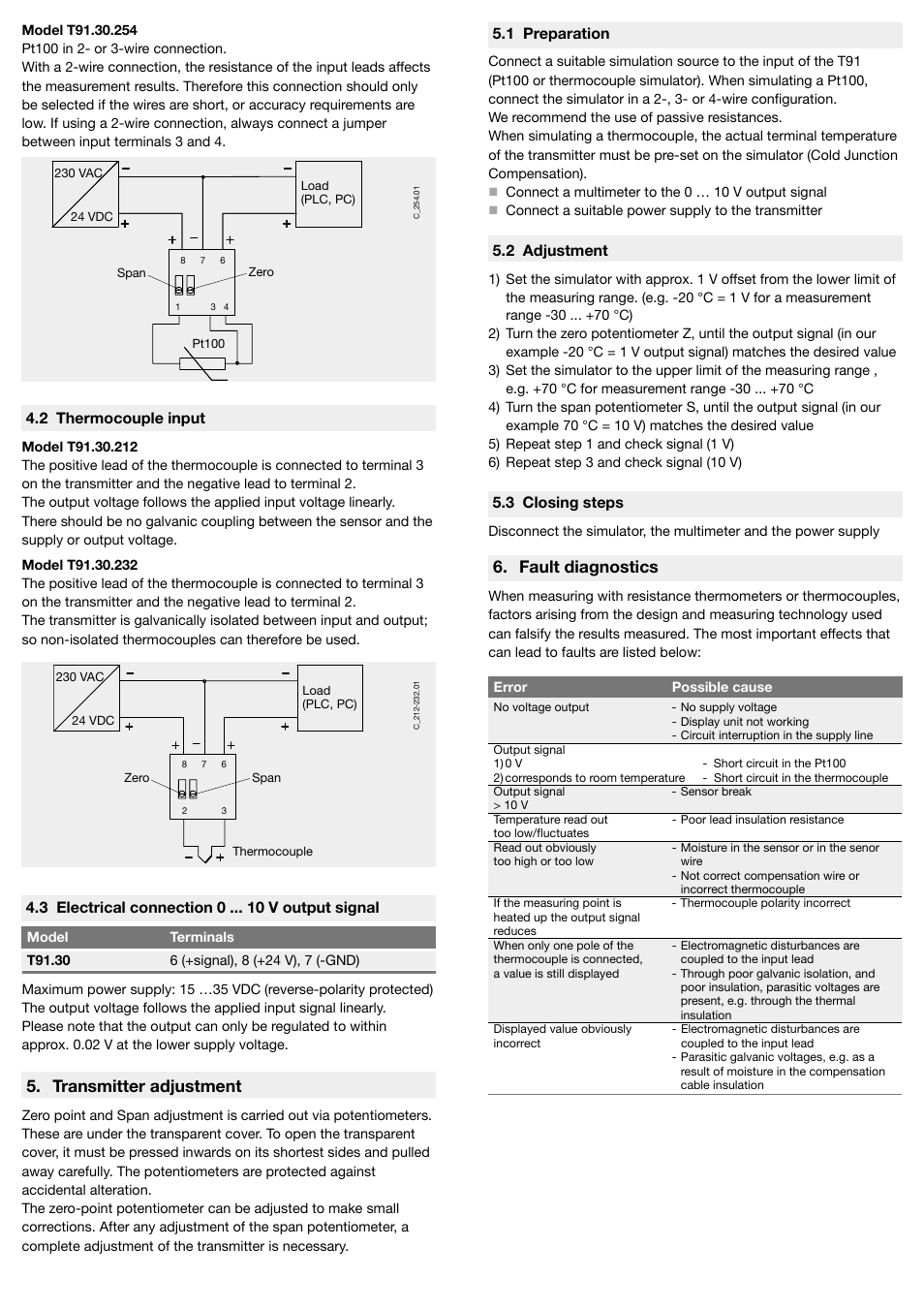 Fault diagnostics, Transmitter adjustment, 3 electrical connection 0 v output signal | 2 thermocouple input, 1 preparation, 2 adjustment, 3 closing steps | WIKA T91.30 User Manual | Page 2 / 2