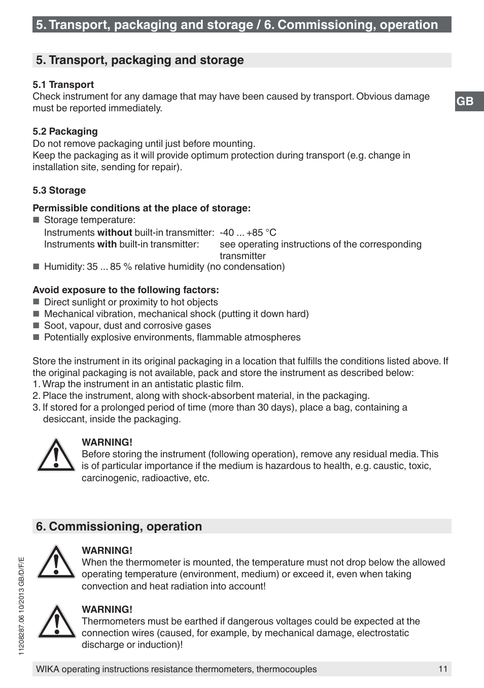 Transport, packaging and storage, Commissioning, operation | WIKA TR10-J User Manual | Page 11 / 68