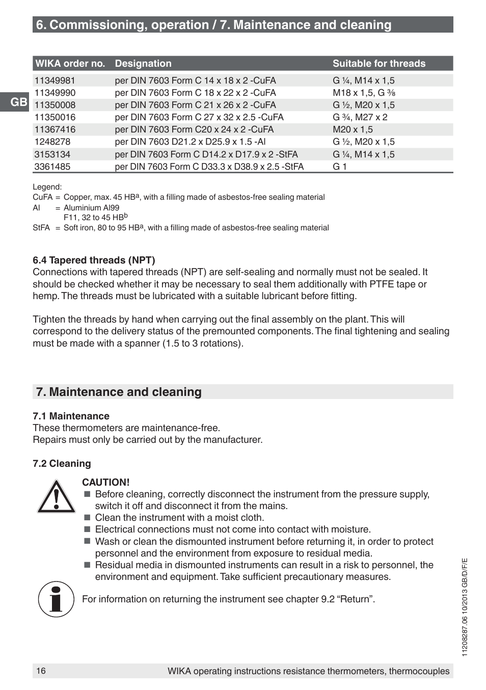 Maintenance and cleaning | WIKA TR10-J User Manual | Page 16 / 68