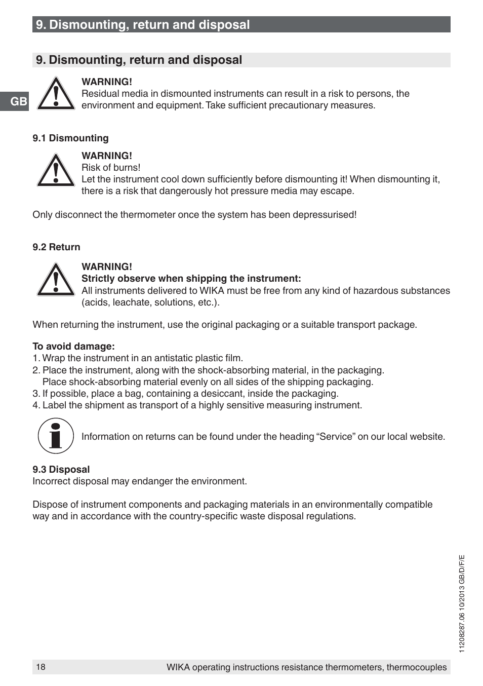 Dismounting, return and disposal | WIKA TR10-J User Manual | Page 18 / 68