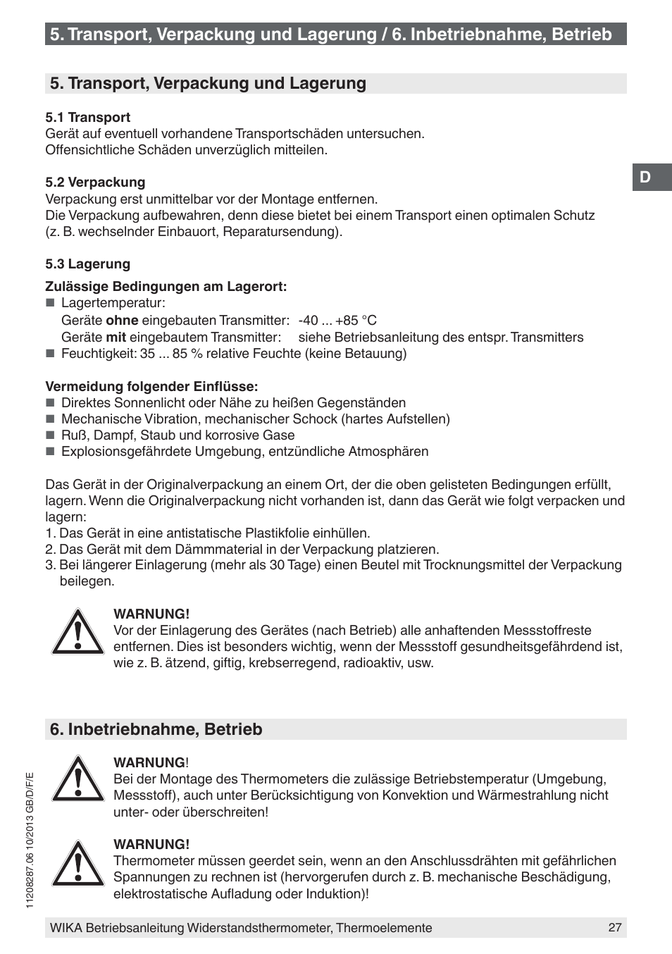 Transport, verpackung und lagerung, Inbetriebnahme, betrieb | WIKA TR10-J User Manual | Page 27 / 68