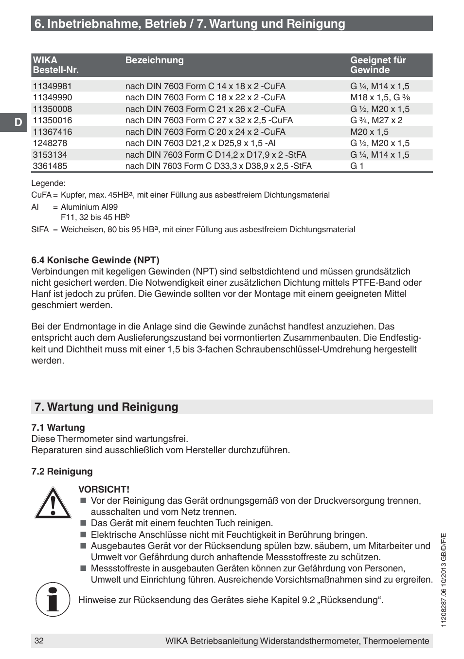 Inbetriebnahme, betrieb / 7. wartung und reinigung, Wartung und reinigung | WIKA TR10-J User Manual | Page 32 / 68