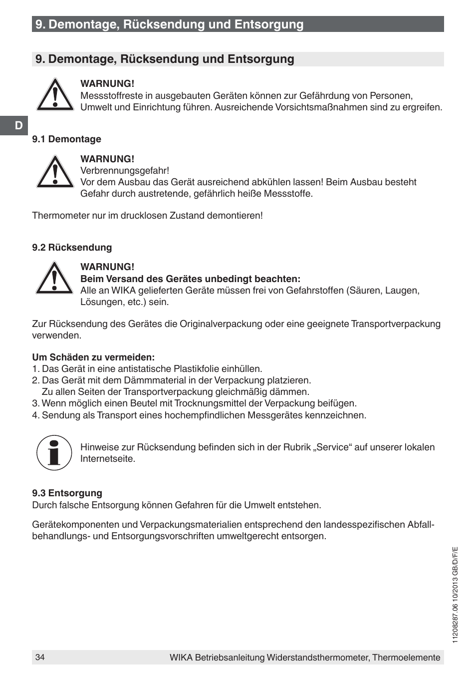 Demontage, rücksendung und entsorgung | WIKA TR10-J User Manual | Page 34 / 68