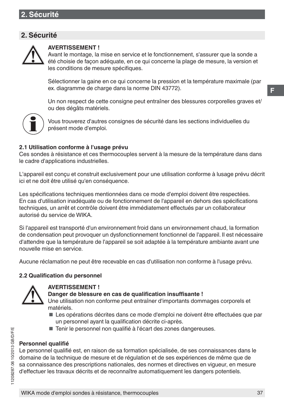 Sécurité | WIKA TR10-J User Manual | Page 37 / 68