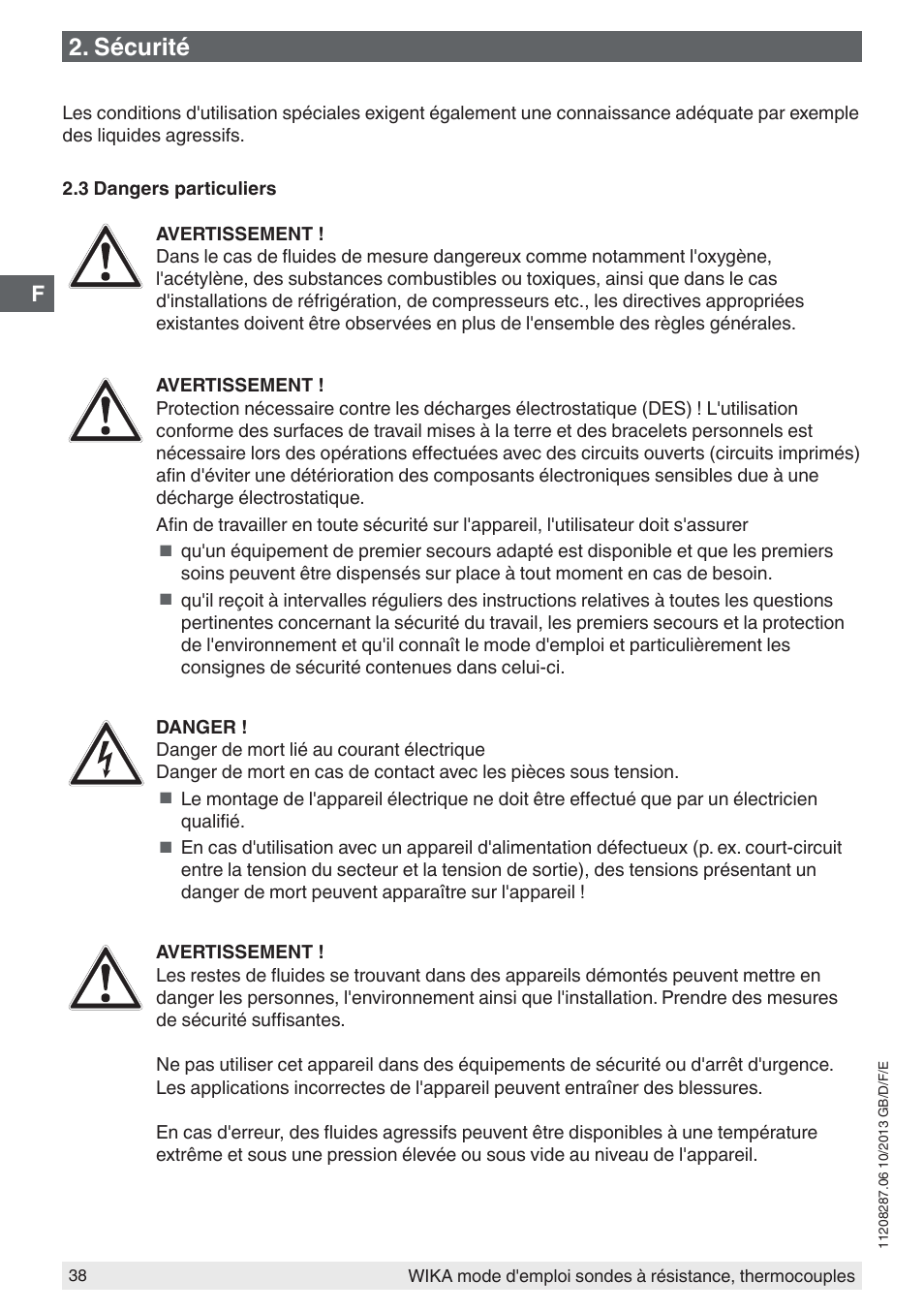 Sécurité | WIKA TR10-J User Manual | Page 38 / 68