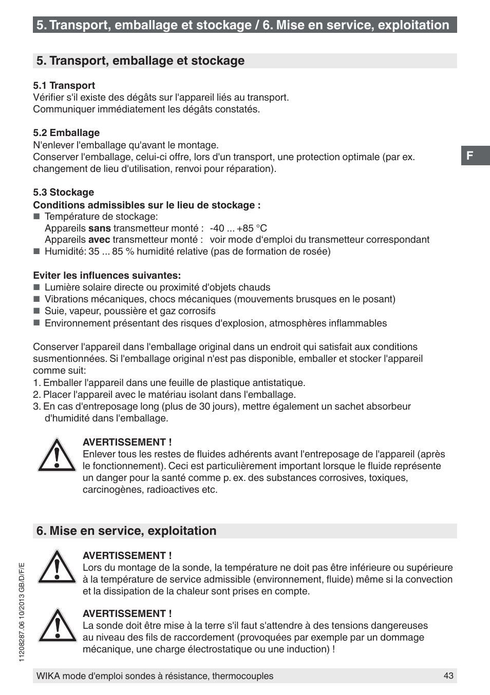 Transport, emballage et stockage, Mise en service, exploitation | WIKA TR10-J User Manual | Page 43 / 68