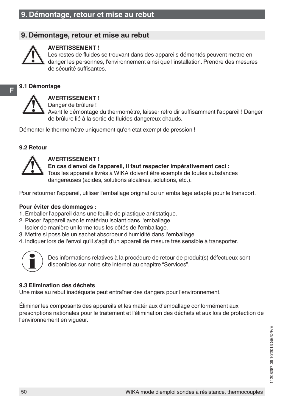 Démontage, retour et mise au rebut | WIKA TR10-J User Manual | Page 50 / 68