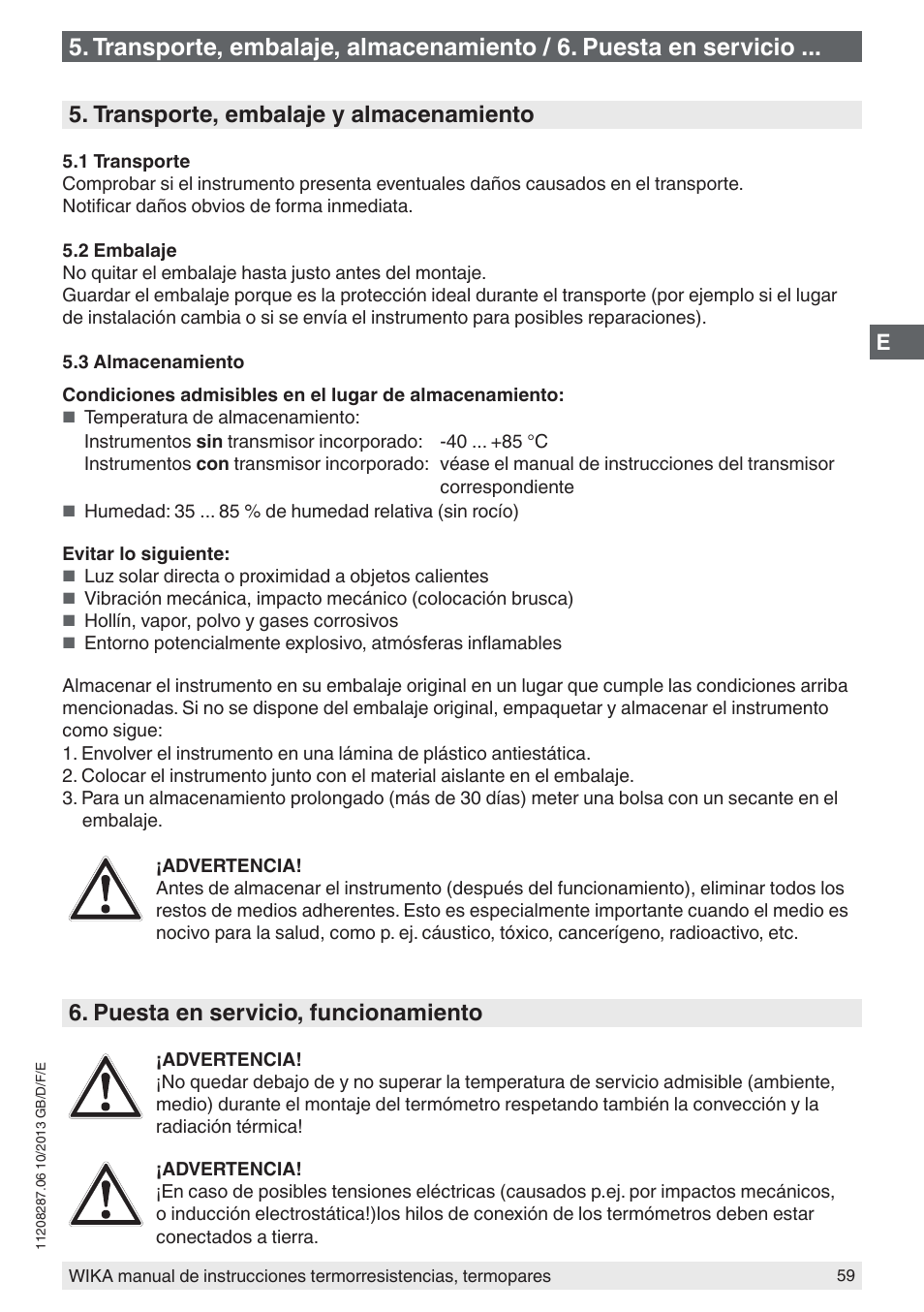 Transporte, embalaje y almacenamiento, Puesta en servicio, funcionamiento | WIKA TR10-J User Manual | Page 59 / 68