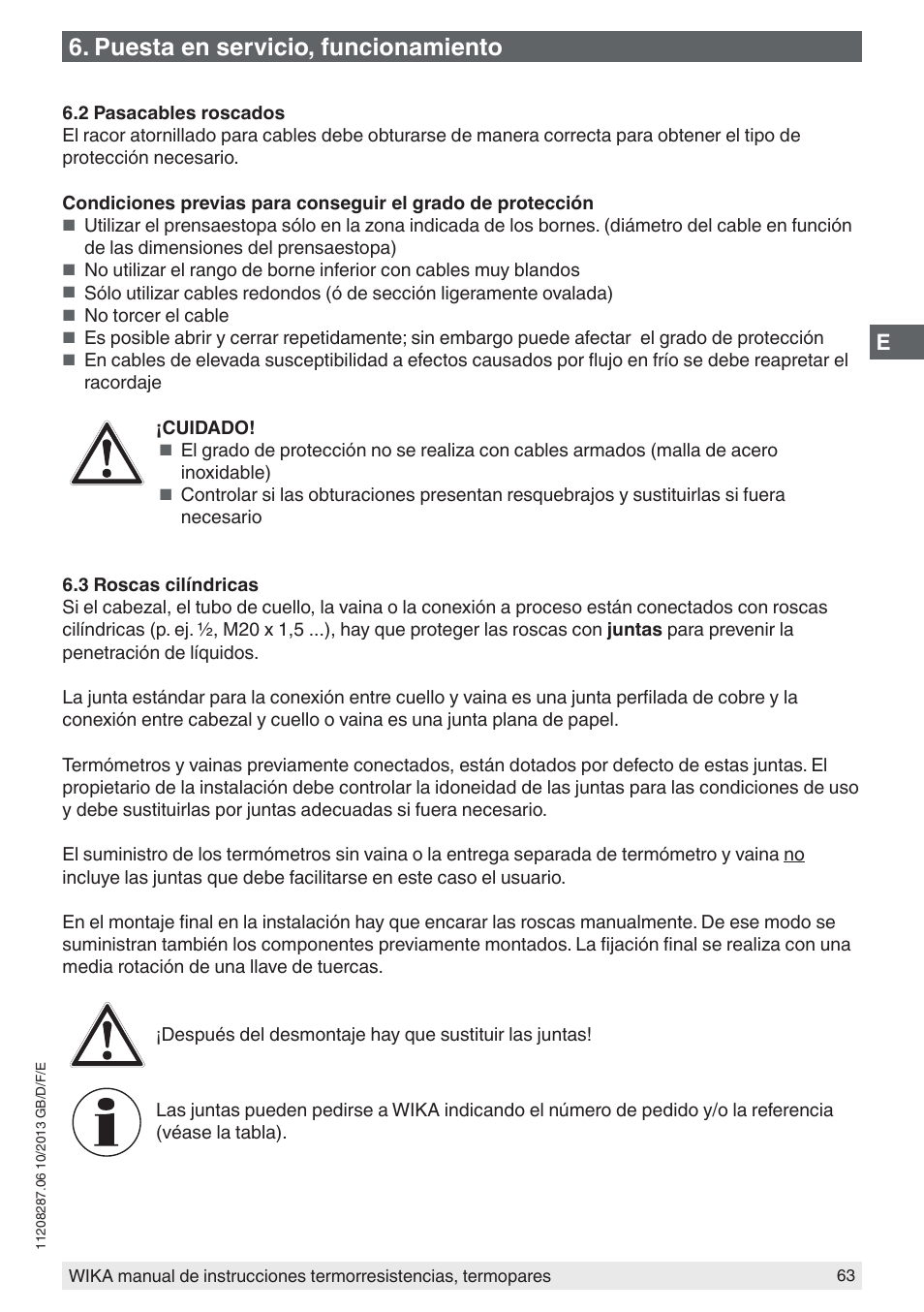 Puesta en servicio, funcionamiento | WIKA TR10-J User Manual | Page 63 / 68