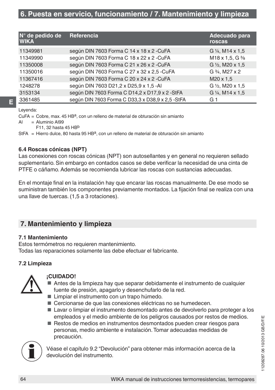 Mantenimiento y limpieza | WIKA TR10-J User Manual | Page 64 / 68