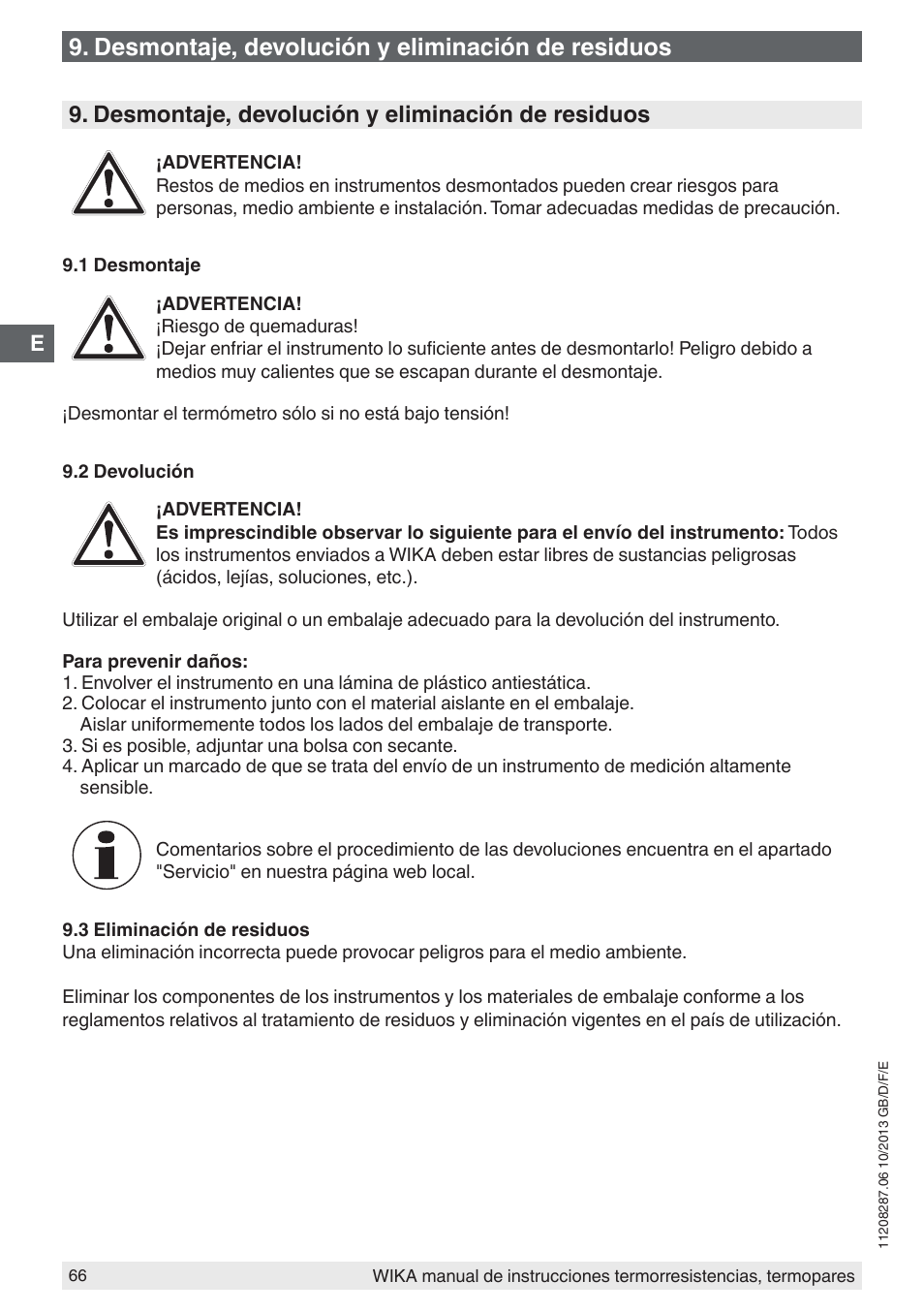 Desmontaje, devolución y eliminación de residuos | WIKA TR10-J User Manual | Page 66 / 68