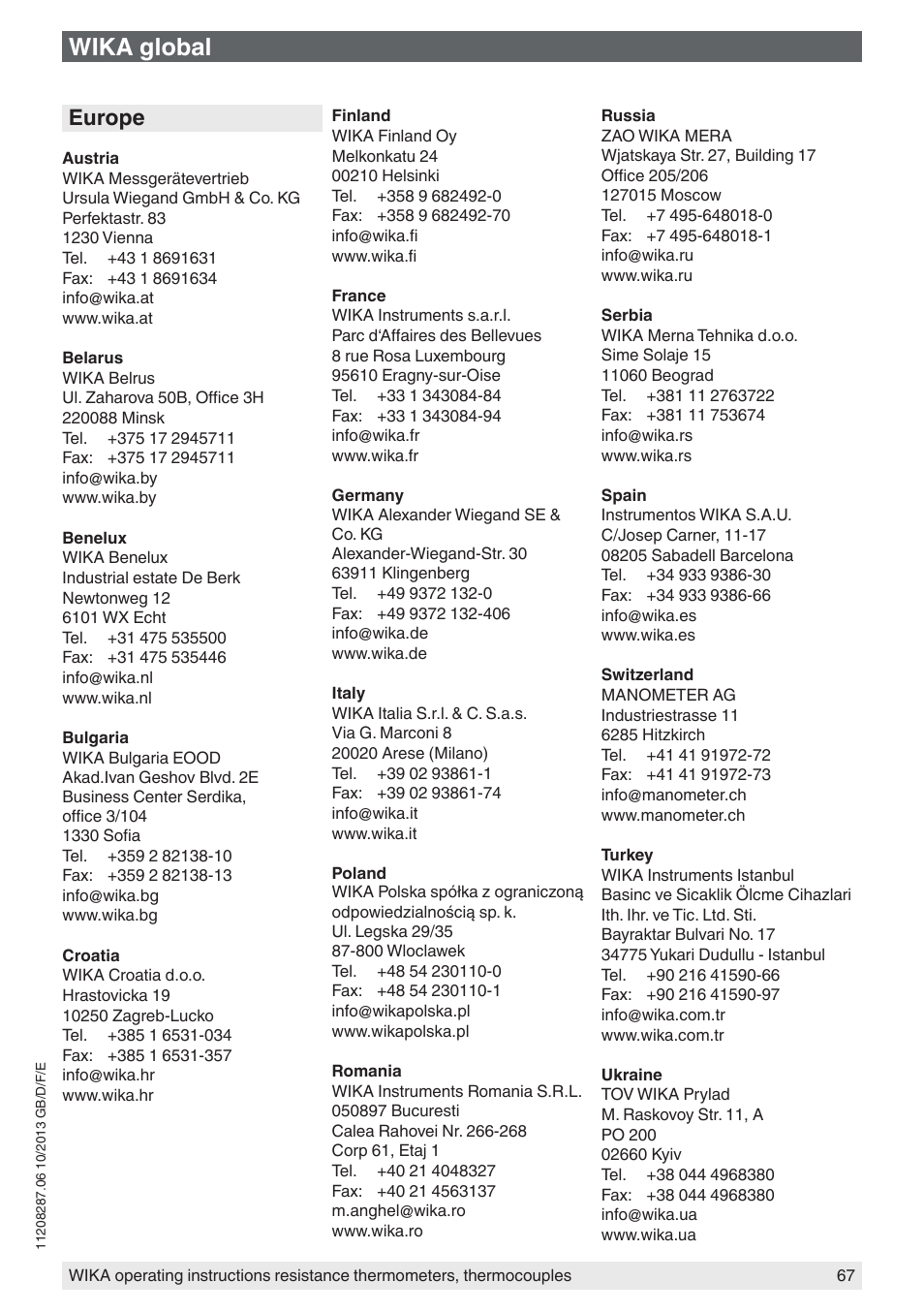 Wika global, Europe | WIKA TR10-J User Manual | Page 67 / 68