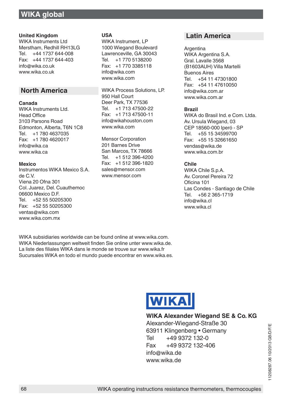Wika global, North america, Latin america | WIKA TR10-J User Manual | Page 68 / 68