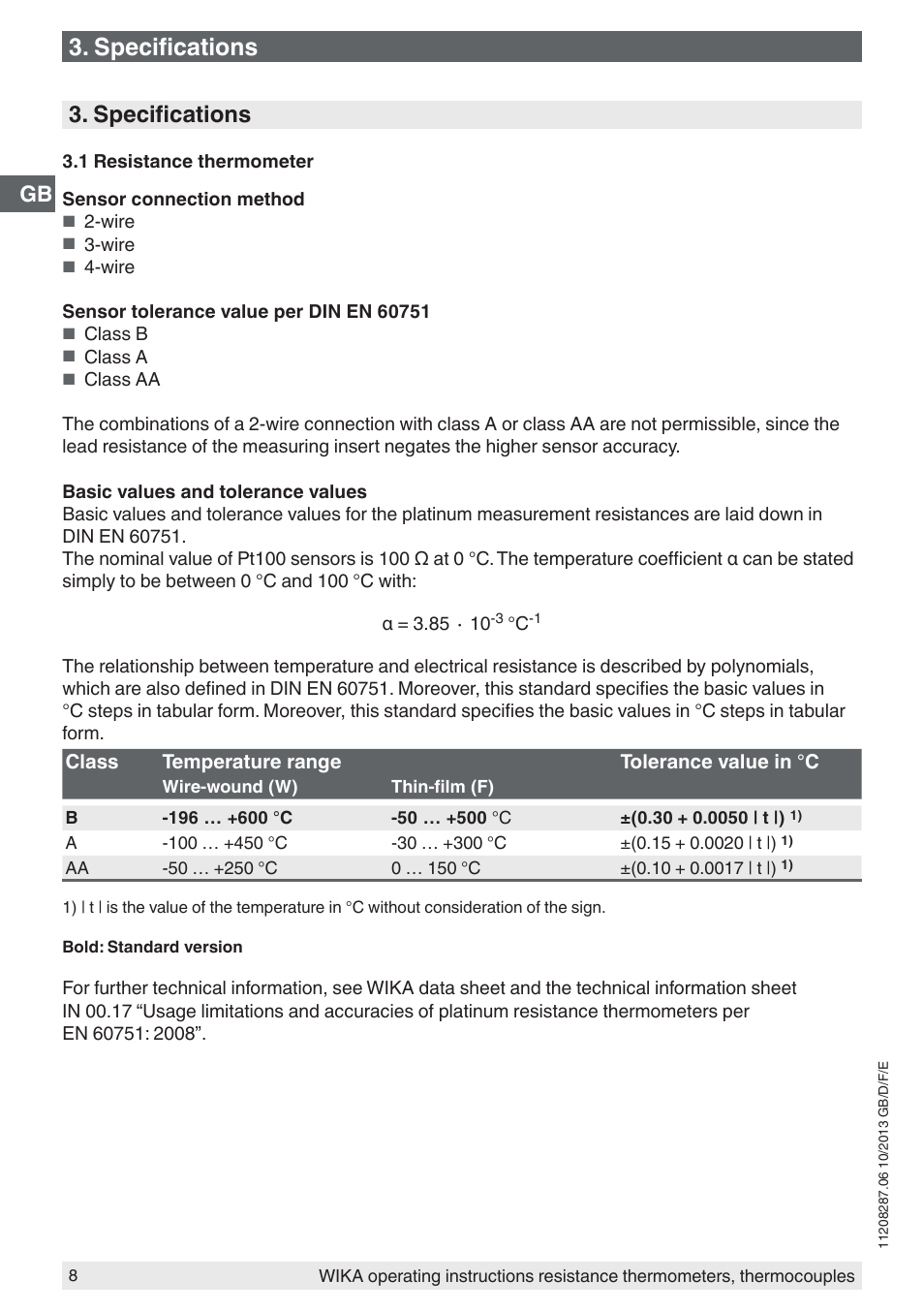 Specifications | WIKA TR10-J User Manual | Page 8 / 68