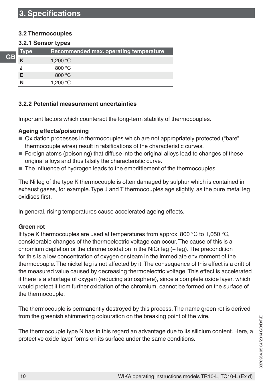 Specifications | WIKA TC10-L User Manual | Page 10 / 84