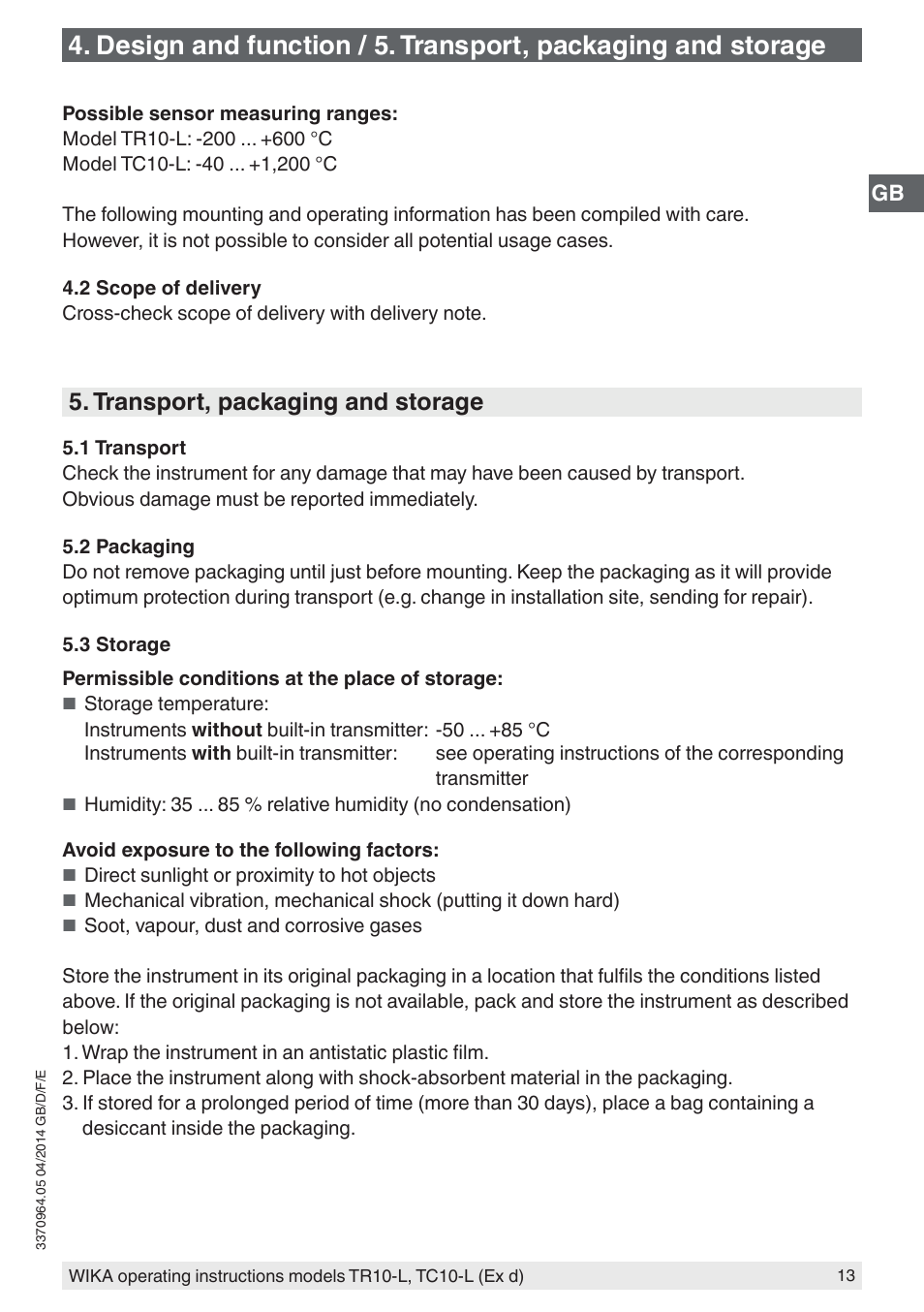 Transport, packaging and storage | WIKA TC10-L User Manual | Page 13 / 84