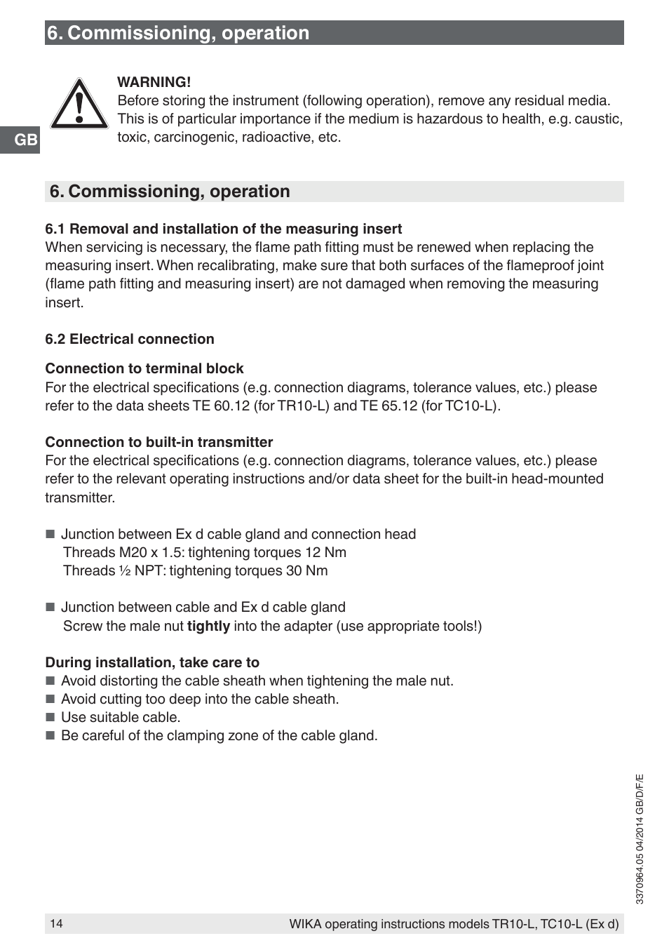 Commissioning, operation | WIKA TC10-L User Manual | Page 14 / 84