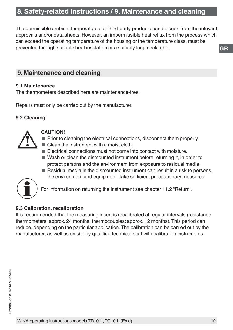 Maintenance and cleaning | WIKA TC10-L User Manual | Page 19 / 84