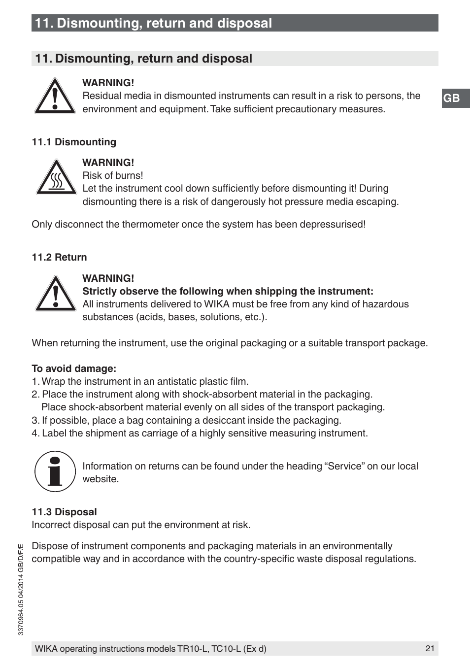 Dismounting, return and disposal | WIKA TC10-L User Manual | Page 21 / 84