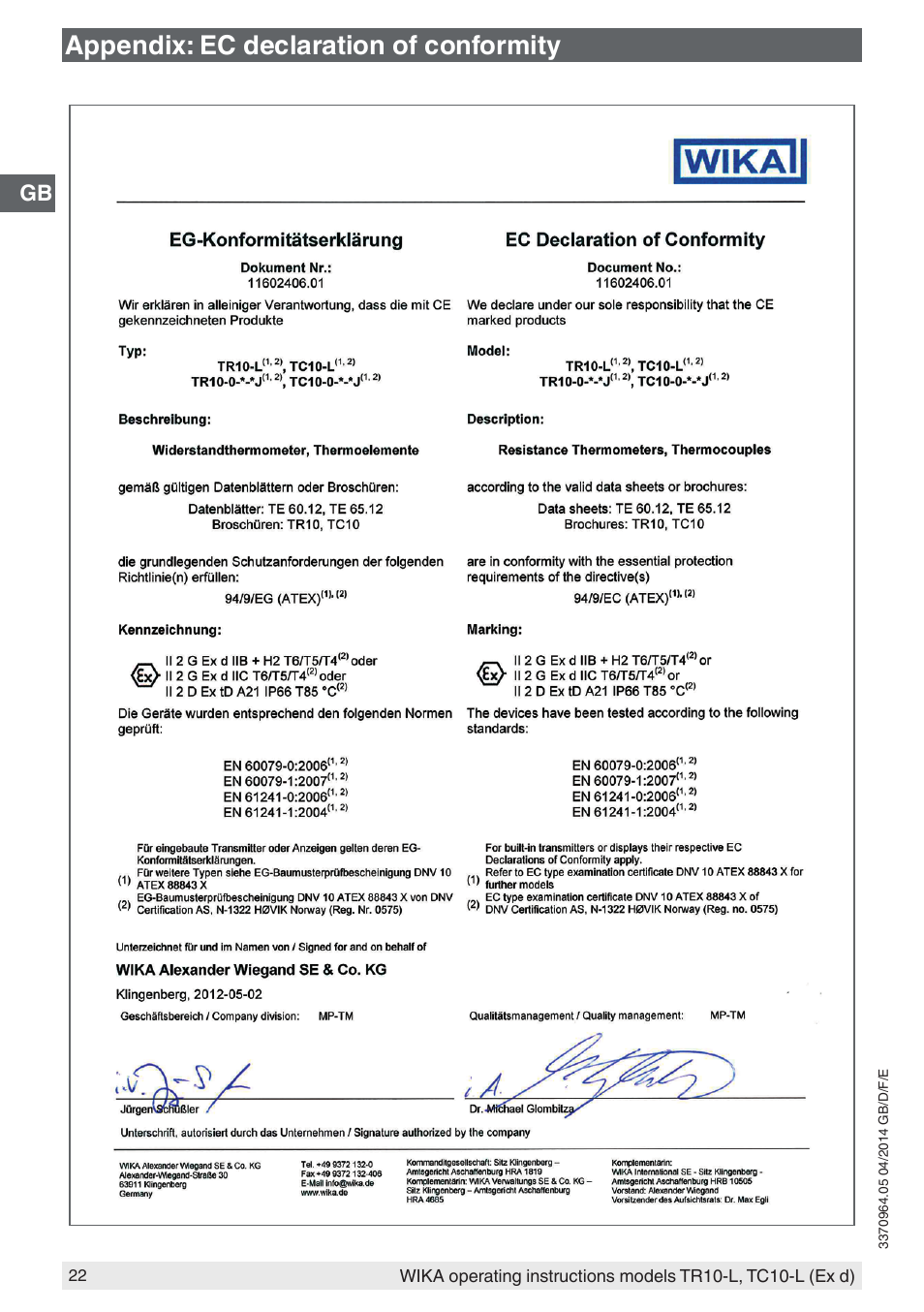 Appendix: ec declaration of conformity | WIKA TC10-L User Manual | Page 22 / 84