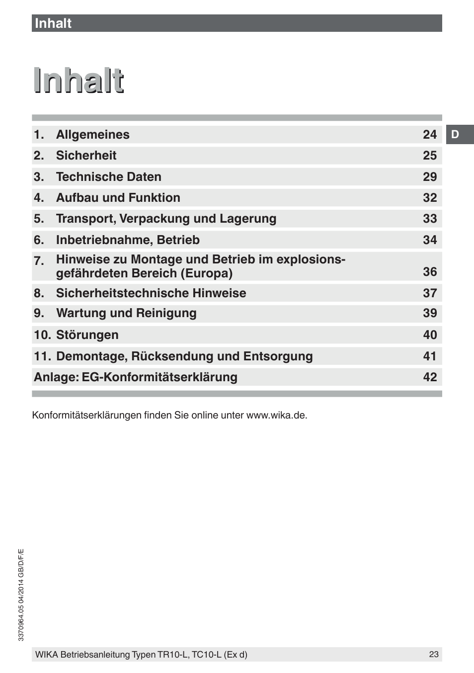Inhalt | WIKA TC10-L User Manual | Page 23 / 84