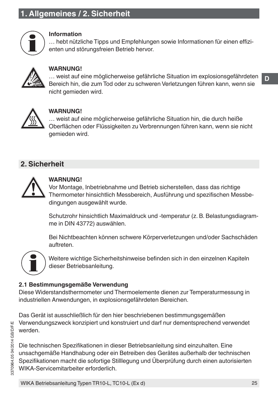 Allgemeines / 2. sicherheit, Sicherheit | WIKA TC10-L User Manual | Page 25 / 84
