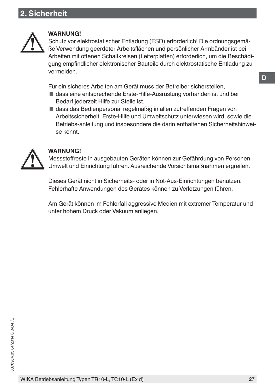 Sicherheit | WIKA TC10-L User Manual | Page 27 / 84