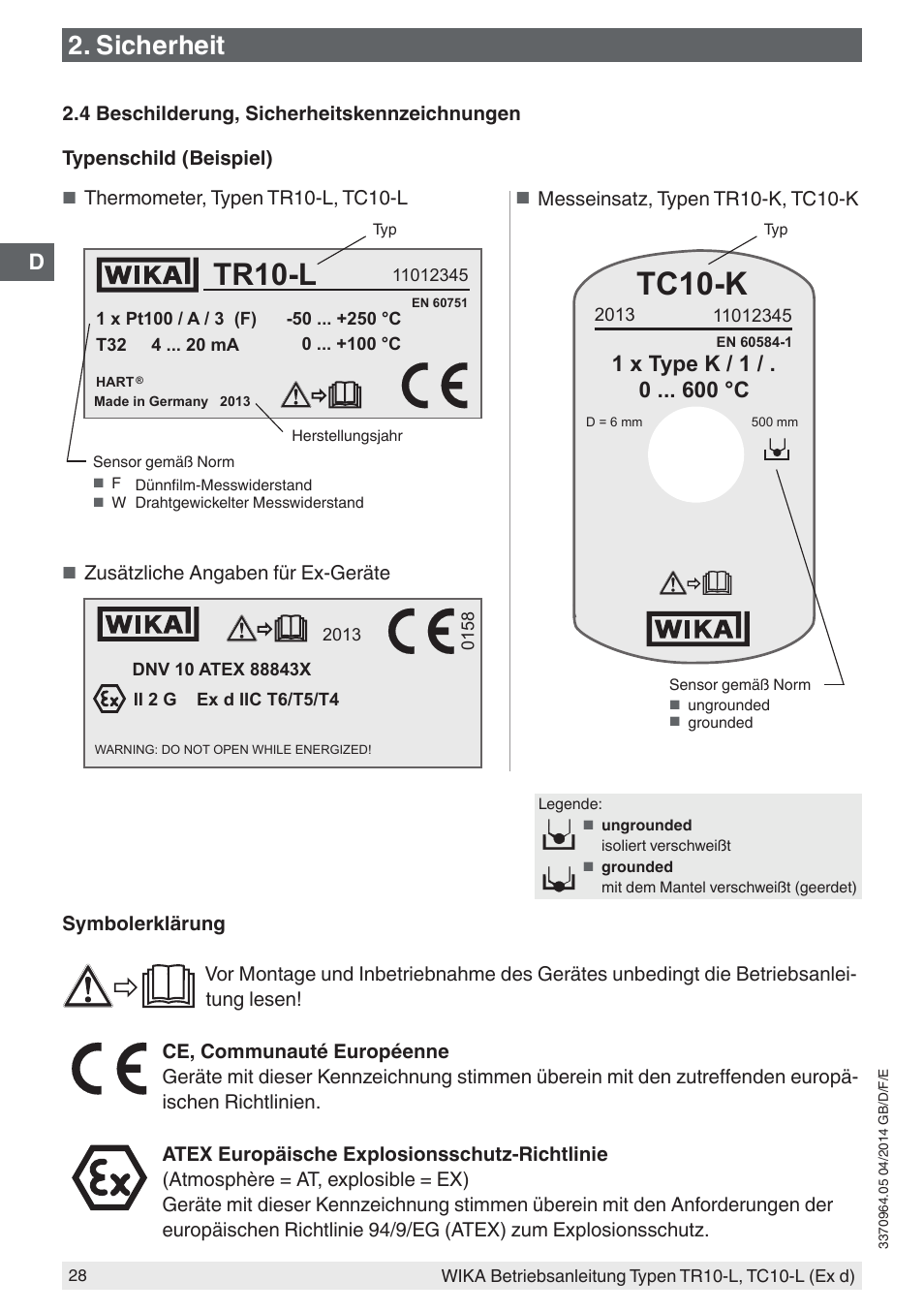 Tr10-l, Tc10-k, Sicherheit | 1 x type k / 1 / . 0 °c | WIKA TC10-L User Manual | Page 28 / 84