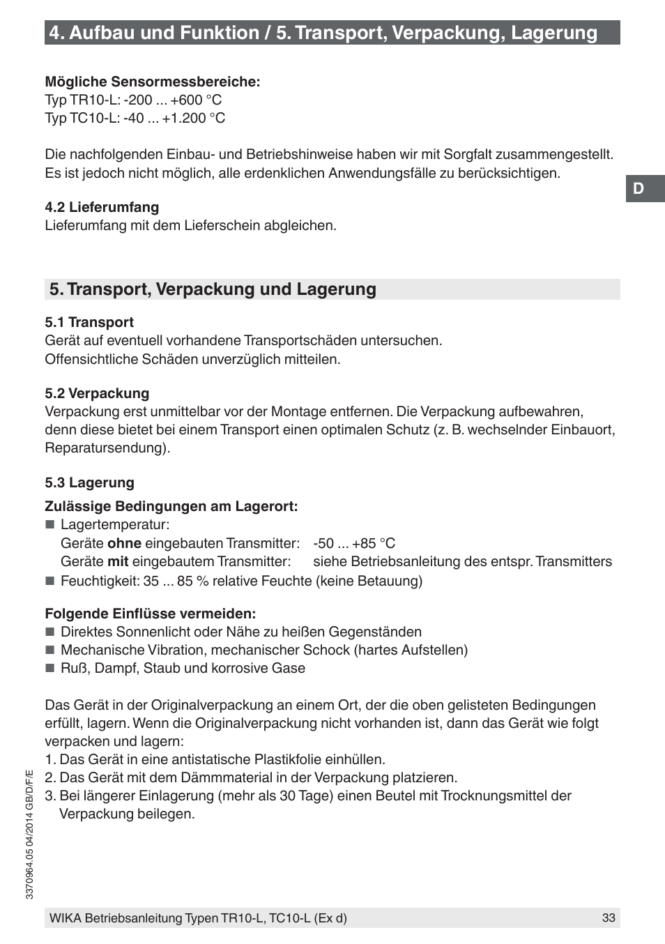 Transport, verpackung und lagerung | WIKA TC10-L User Manual | Page 33 / 84