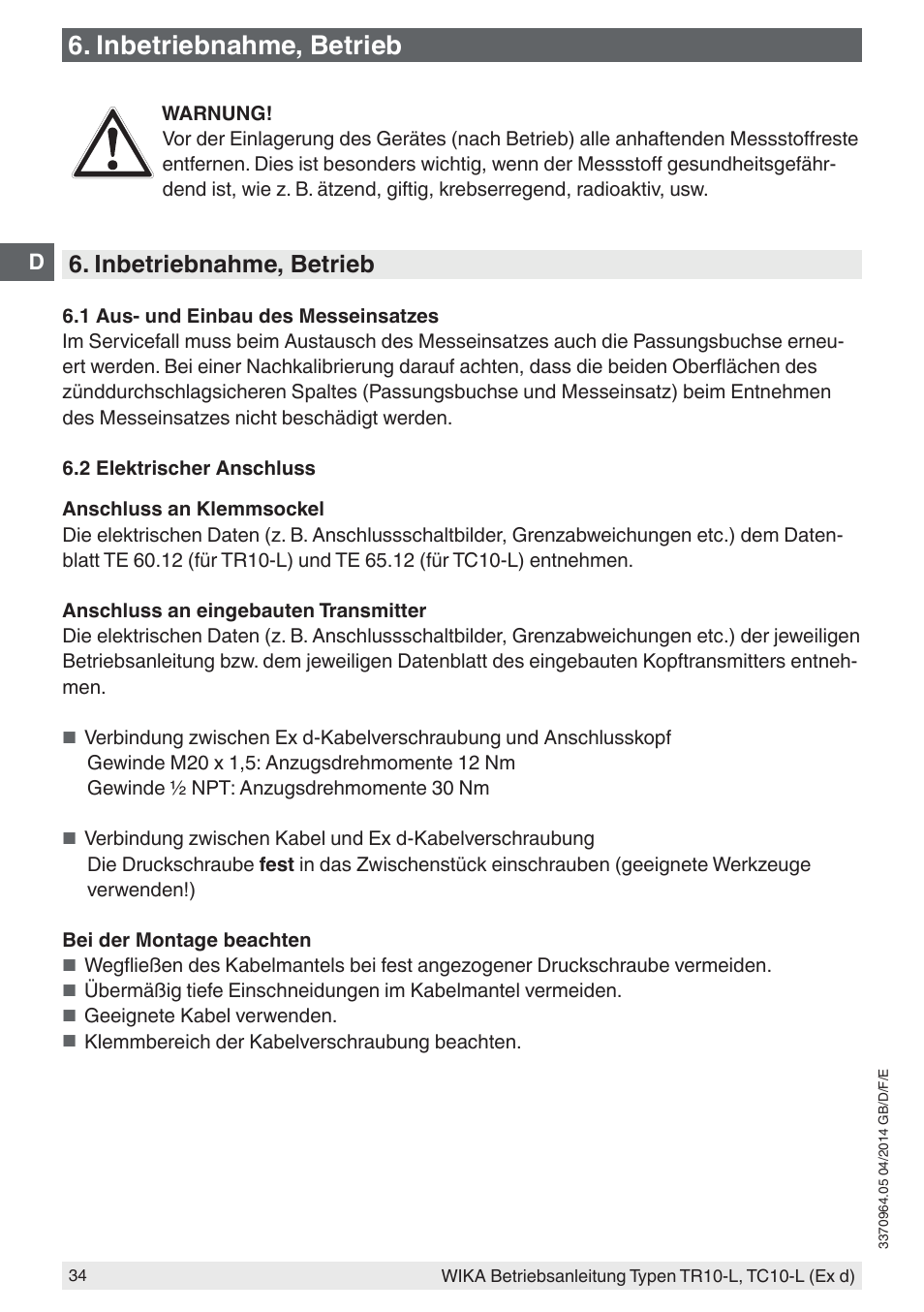 Inbetriebnahme, betrieb | WIKA TC10-L User Manual | Page 34 / 84