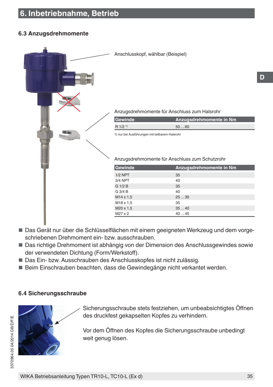 Inbetriebnahme, betrieb, 3 anzugsdrehmomente | WIKA TC10-L User Manual | Page 35 / 84