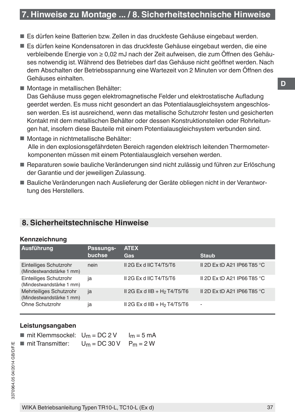 Sicherheitstechnische hinweise | WIKA TC10-L User Manual | Page 37 / 84