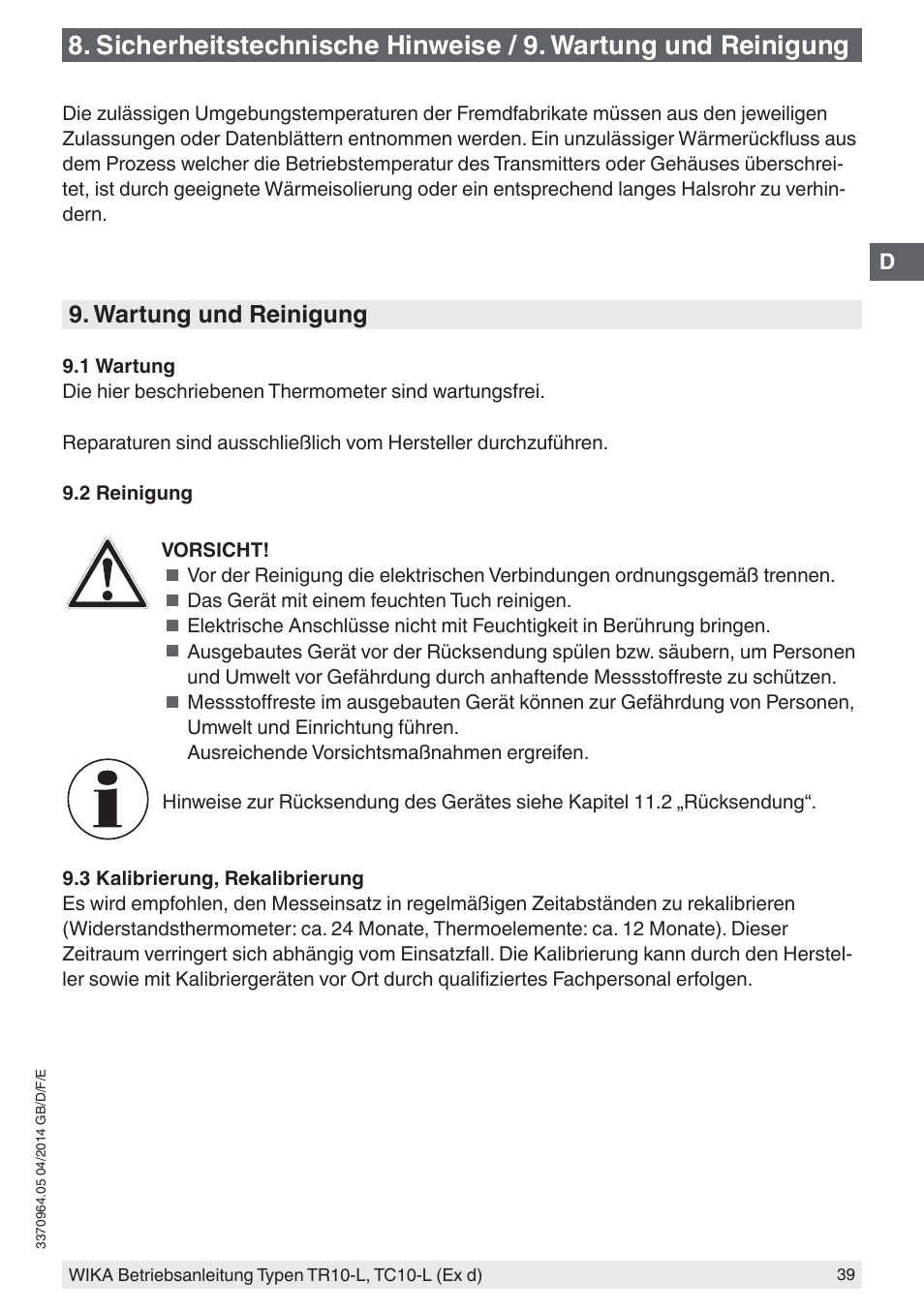 Wartung und reinigung | WIKA TC10-L User Manual | Page 39 / 84