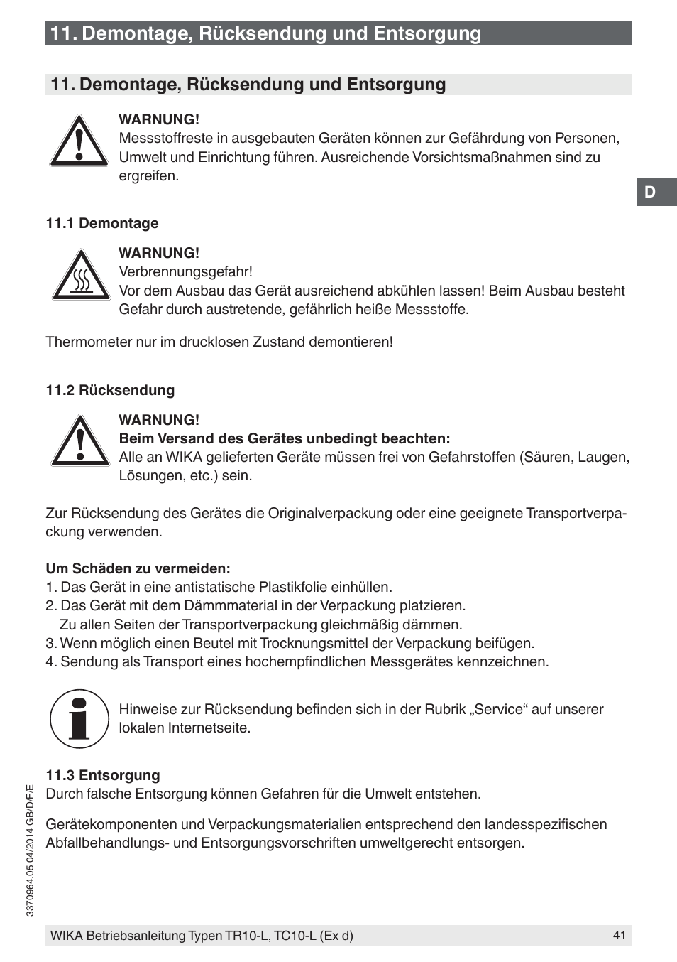 Demontage, rücksendung und entsorgung | WIKA TC10-L User Manual | Page 41 / 84